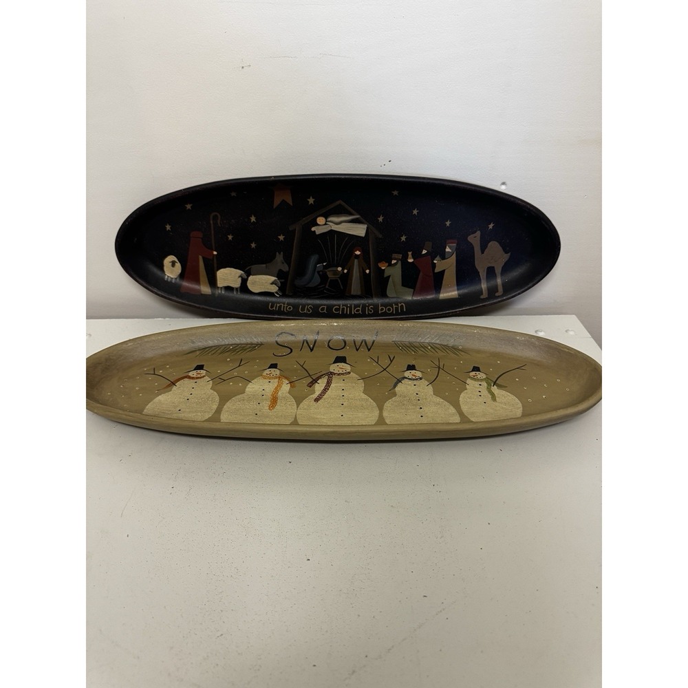 2‎ Hand painted Donna White wood oval tray. Winter/Holy themes